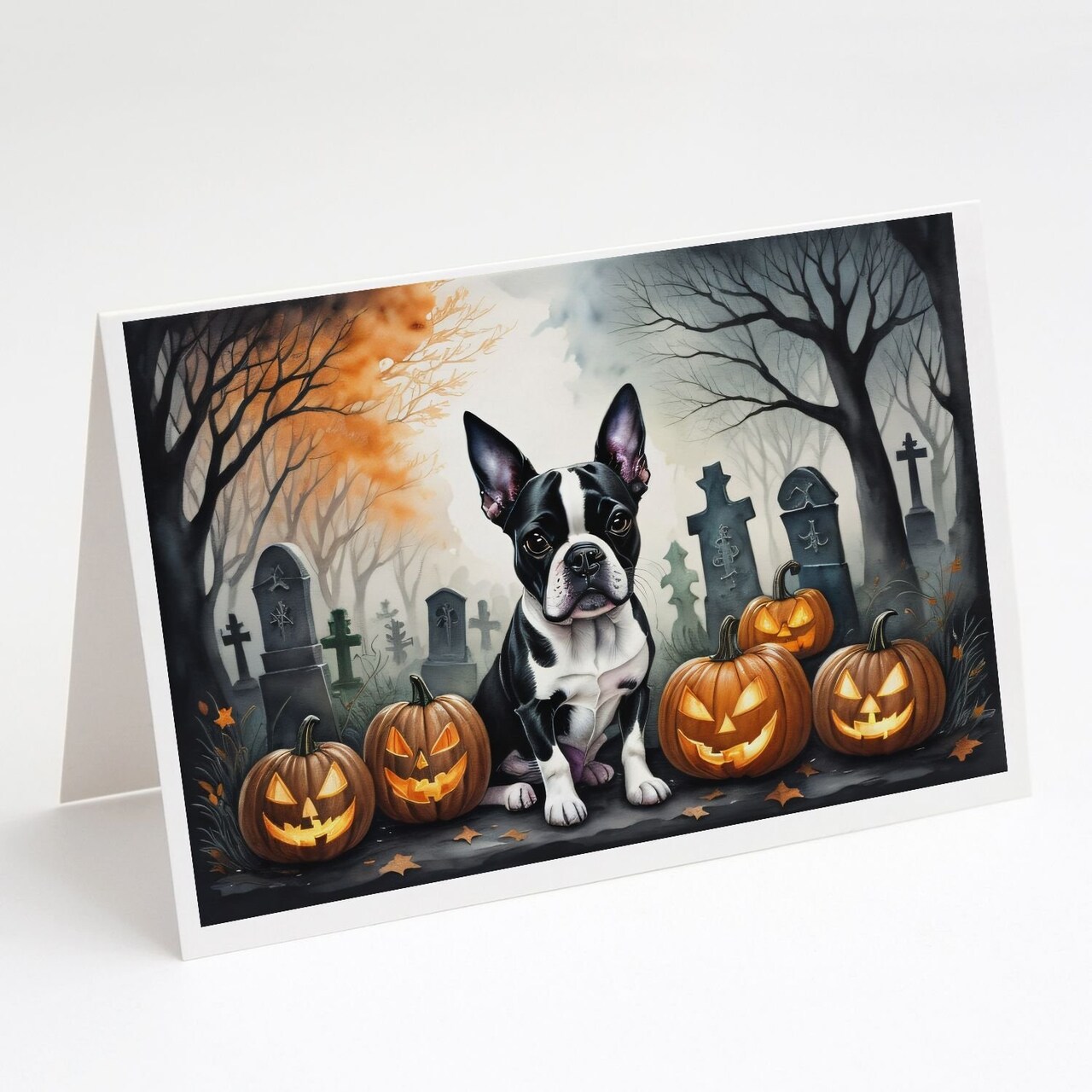 Edge Collections - 5" x 7" - Multicolor - Boston Terrier Cute Spooky Halloween Greeting Cards - 8 Pieces